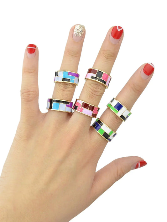 1pc Ethnic Traditional Jewellery Colorful Geometric Pattern Bohemian Finger Ring Feelontop Jewellery