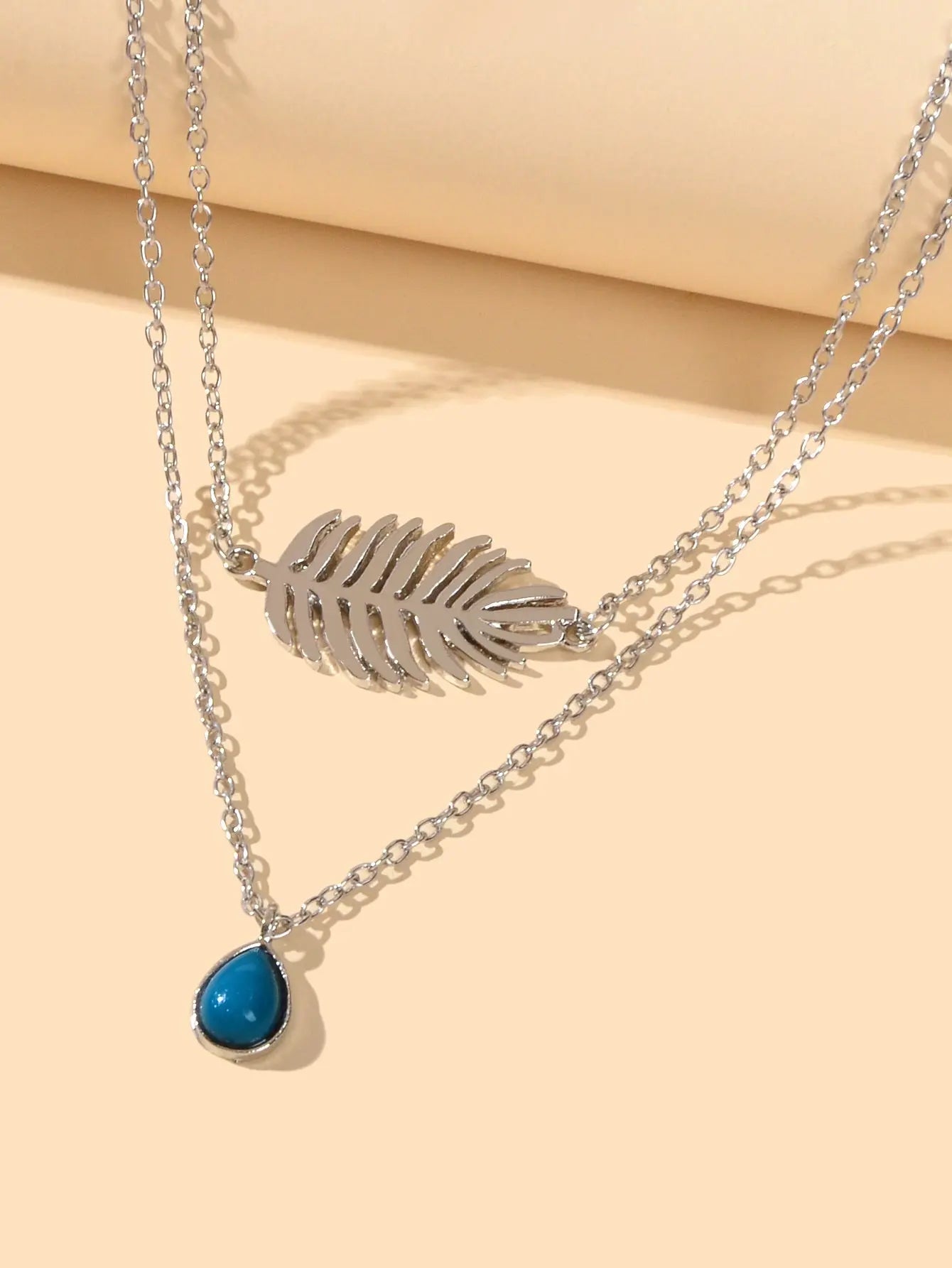 Trendy Double layer Silver Chain Leaf Charm Blue Bead Water Drop Charm Necklace Feelontop Jewellery