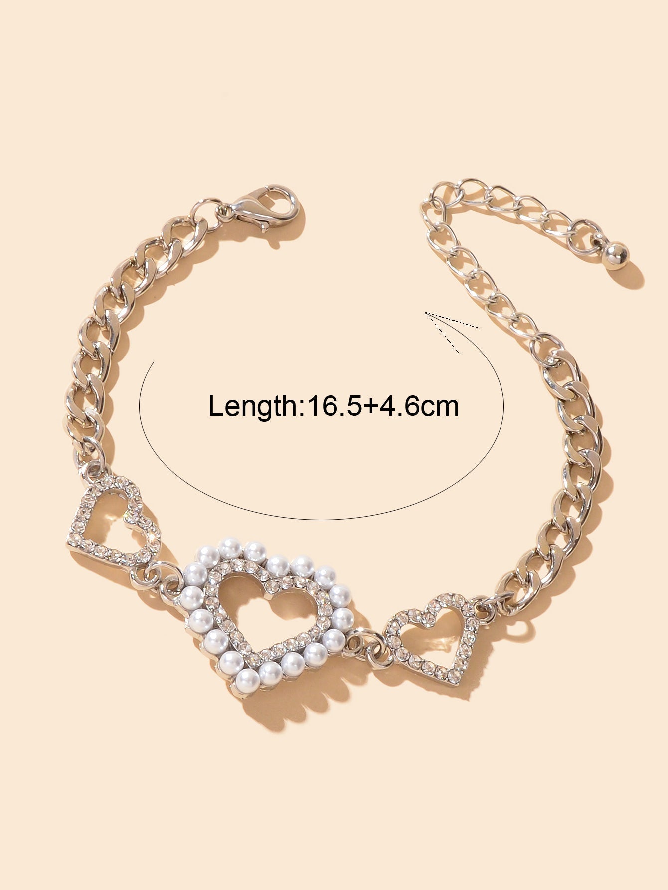 Luxurious Rhinestone Pearl Decor Heart Charm Silver Chain Bracelet for Wedding Feelontop Jewellery