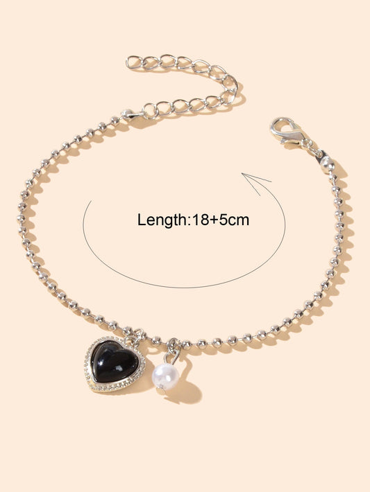 Girlfriend Gift Jewellery Silver Popcorn Chain Pearl Black Heart Charm Bracelets Feelontop Jewellery