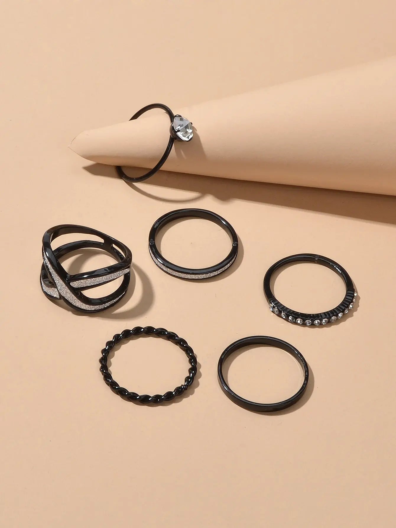 6pcs Stackable Rhinestone Black Midi Finger Knuckle Rings set Wedding Party Wear Feelontop Jewellery