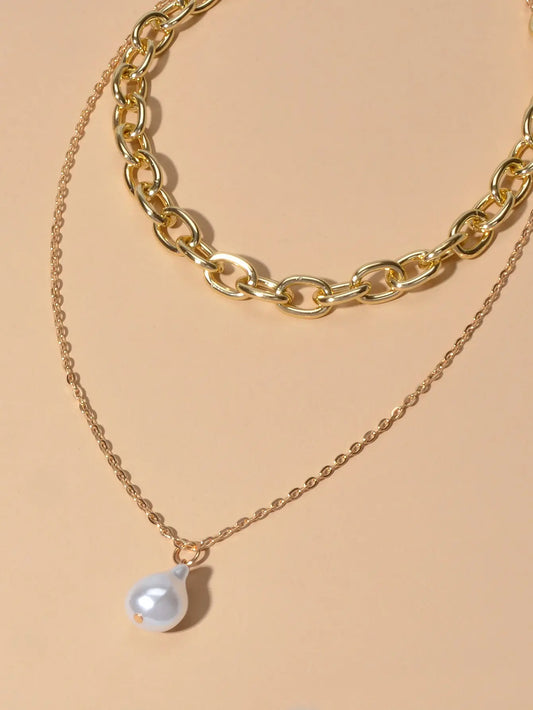 Double Layer Gold Chunky Chains Pearl Charm Women Necklace Good Quality Jewelry Feelontop Jewellery