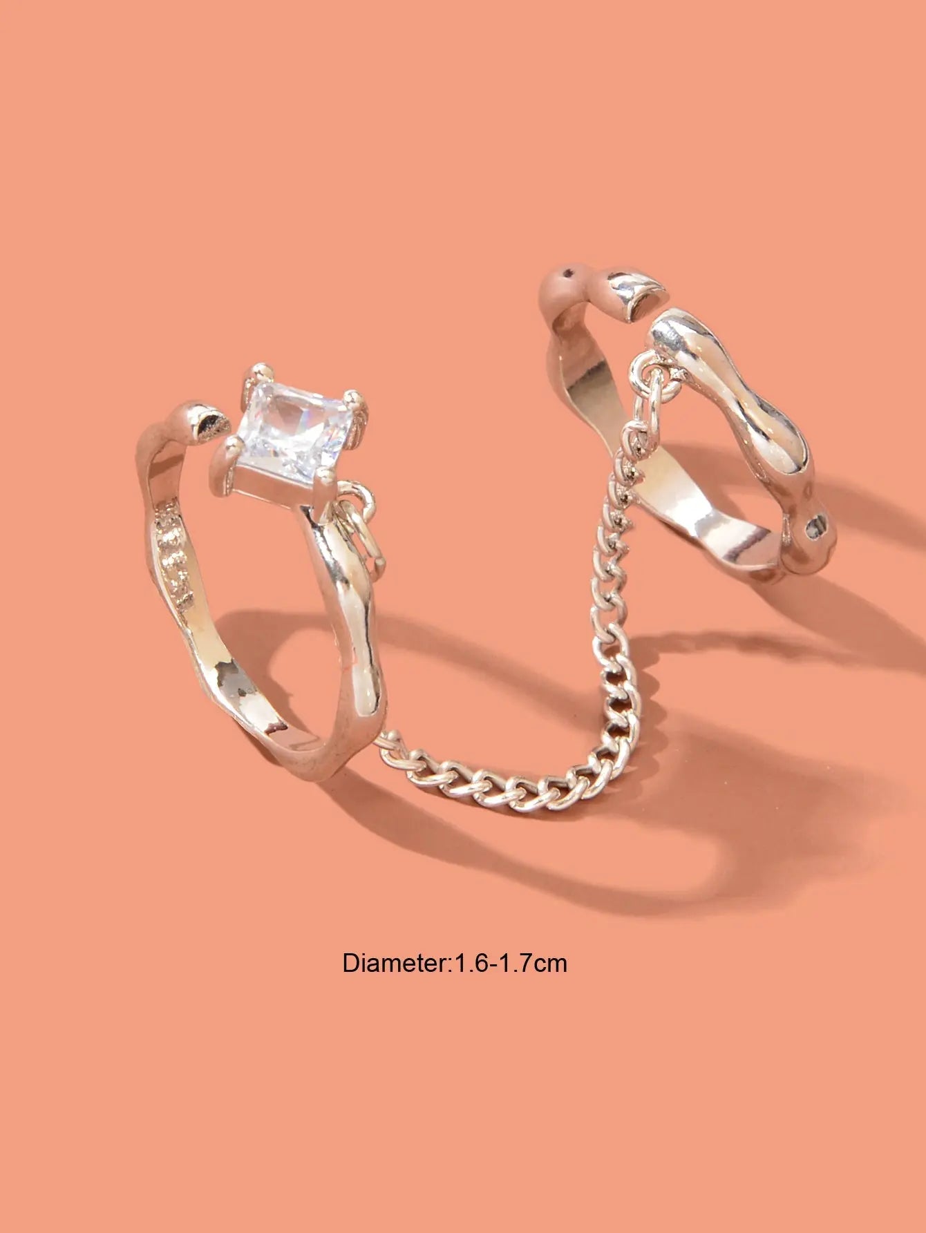 Unique Zirconia Decor Silver Double Fingers Ring with Chain Elegant Accessories Feelontop Jewellery