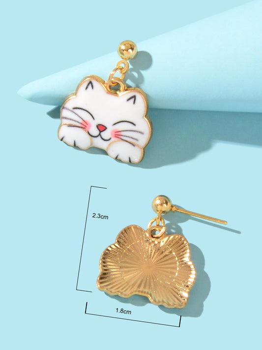 Lovely White Enamel Pet Animal Dangling Charm Earrings Girls Dainty Cat Jewelry Feelontop Jewellery