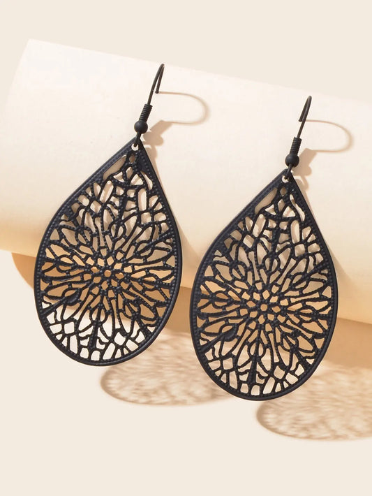 Vintage Black Flower Pattern Hollow Water Drop Earrings Trendy Women Accessories Feelontop Jewellery
