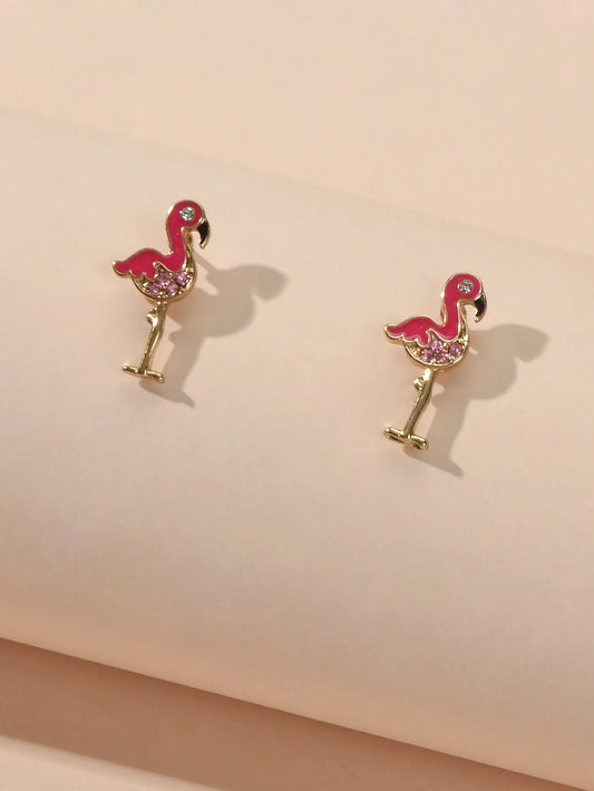 Pink Rhinestone Enamel Flamingo Bird Stud Earrings Sensitive Ears Dainty Gift Feelontop Jewellery