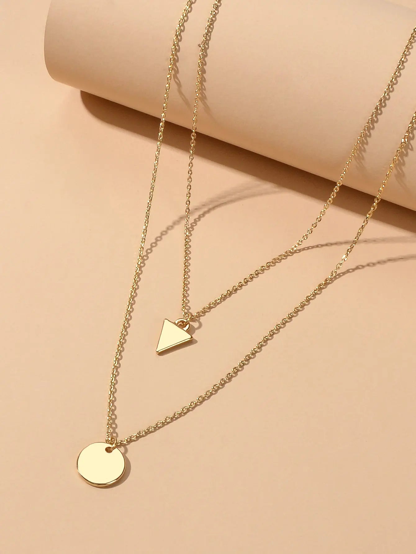 2pcs Minimalist Style Women Accessories Gold Chain Triangle Round Charm Necklace Feelontop Jewellery