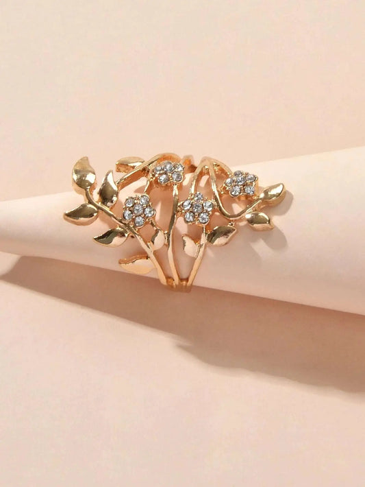 Luxurious Rhinestone Decor Silver Hollow Flower Leaf Finger Engagement Gift Ring Feelontop Jewellery