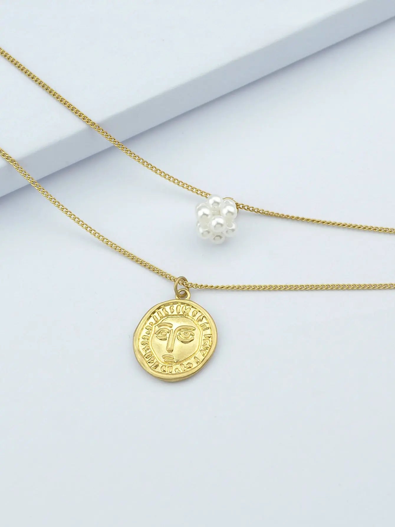Personality Jewelry Double layer Gold Chain Pearl Ball Face Round Charm Necklace Feelontop Jewellery