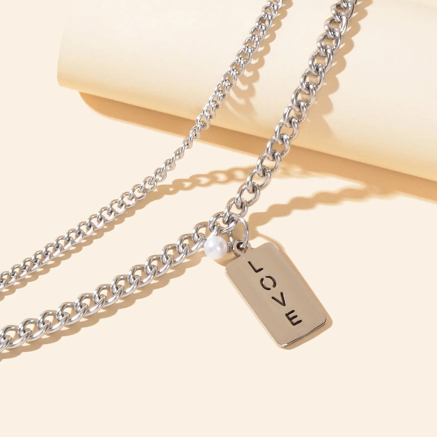 Layered Silver Chain Stainless Steel Rectangle Charm Letter LOVE Bracelet Feelontop Jewellery
