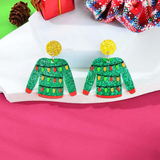 Christmas Festival Jewelry Colored Lights Decor Green Clothes Acrylic Earrings Feelontop Jewellery