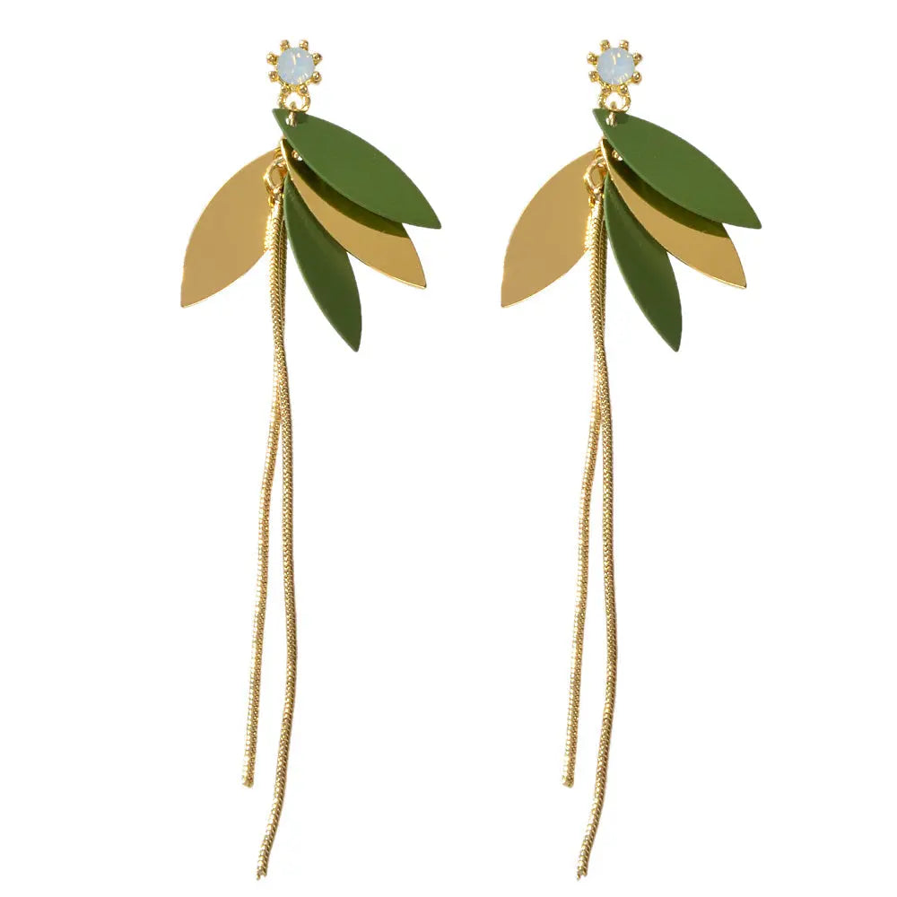 Female Jewellery Gold Green Leaf Long Chain Dangle Pierced Charm Women Earrings Feelontop Jewellery