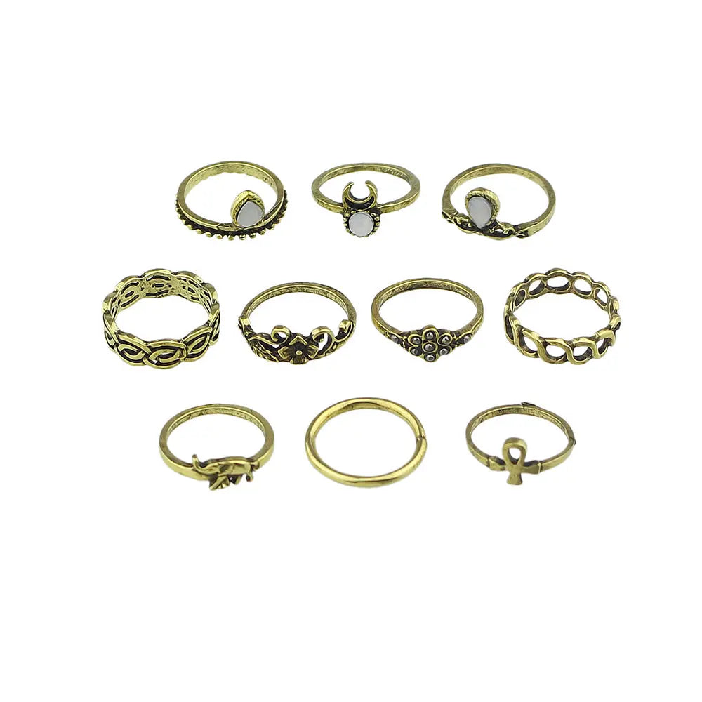 Stackable 10 pcs Tribal Ethnic Flower Elephant Vintage Multiple Finger Ring set Feelontop Jewellery
