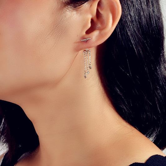 Delicate Jewelry Rhinestone Decor Silver Chain Tassel Charm Earrings Ear Jacket Feelontop Jewellery