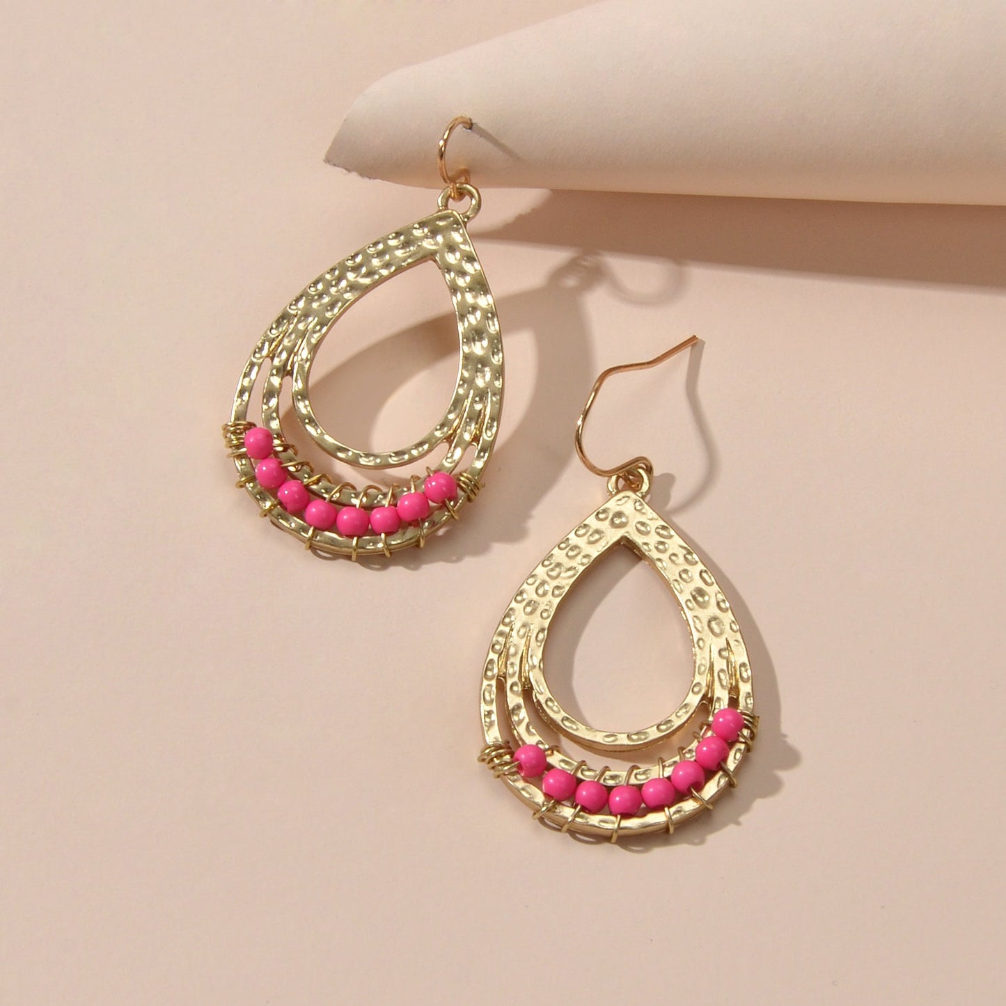 Ethnic Hotpink Beads Handmade Hollow Water Drop Bohemian Traditional Earrings Feelontop Jewellery