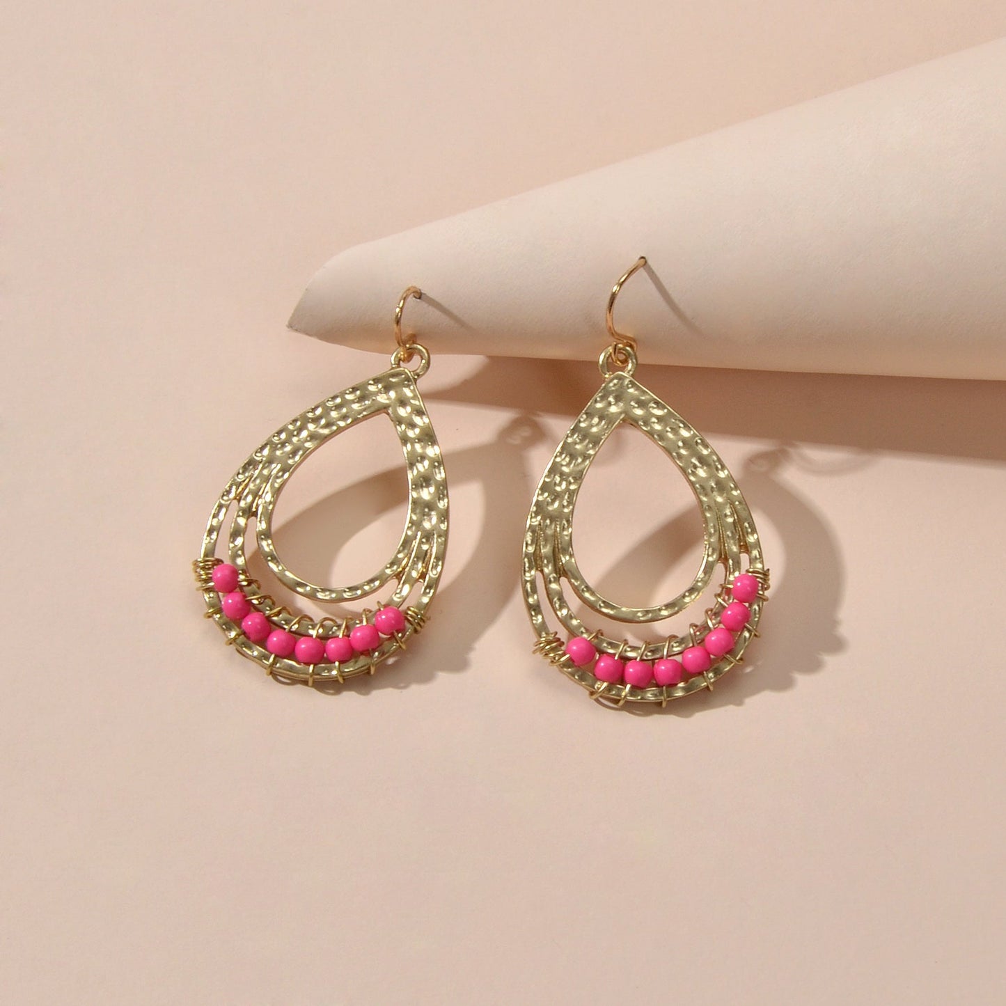 Ethnic Hotpink Beads Handmade Hollow Water Drop Bohemian Traditional Earrings Feelontop Jewellery
