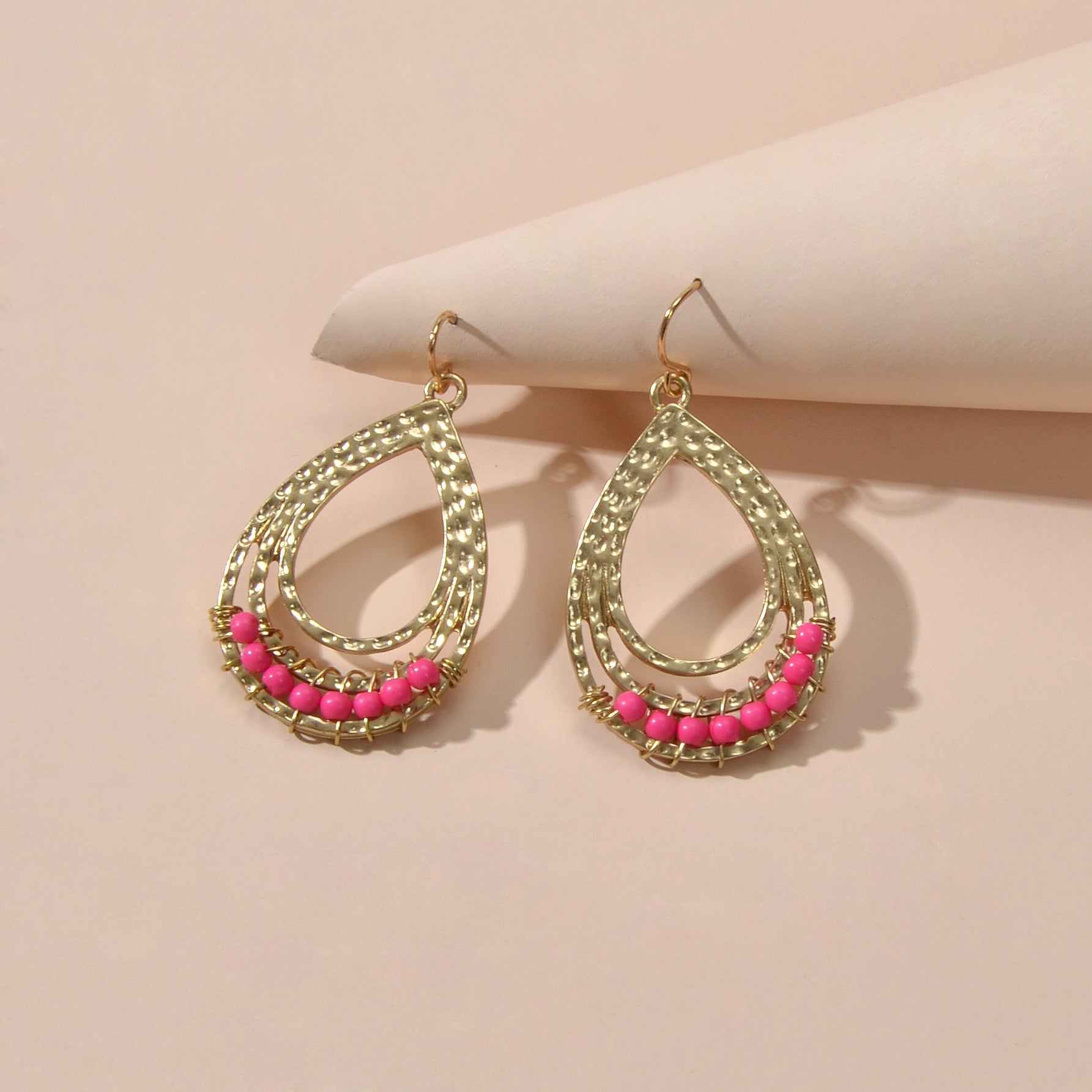 Ethnic Hotpink Beads Handmade Hollow Water Drop Bohemian Traditional Earrings Feelontop Jewellery