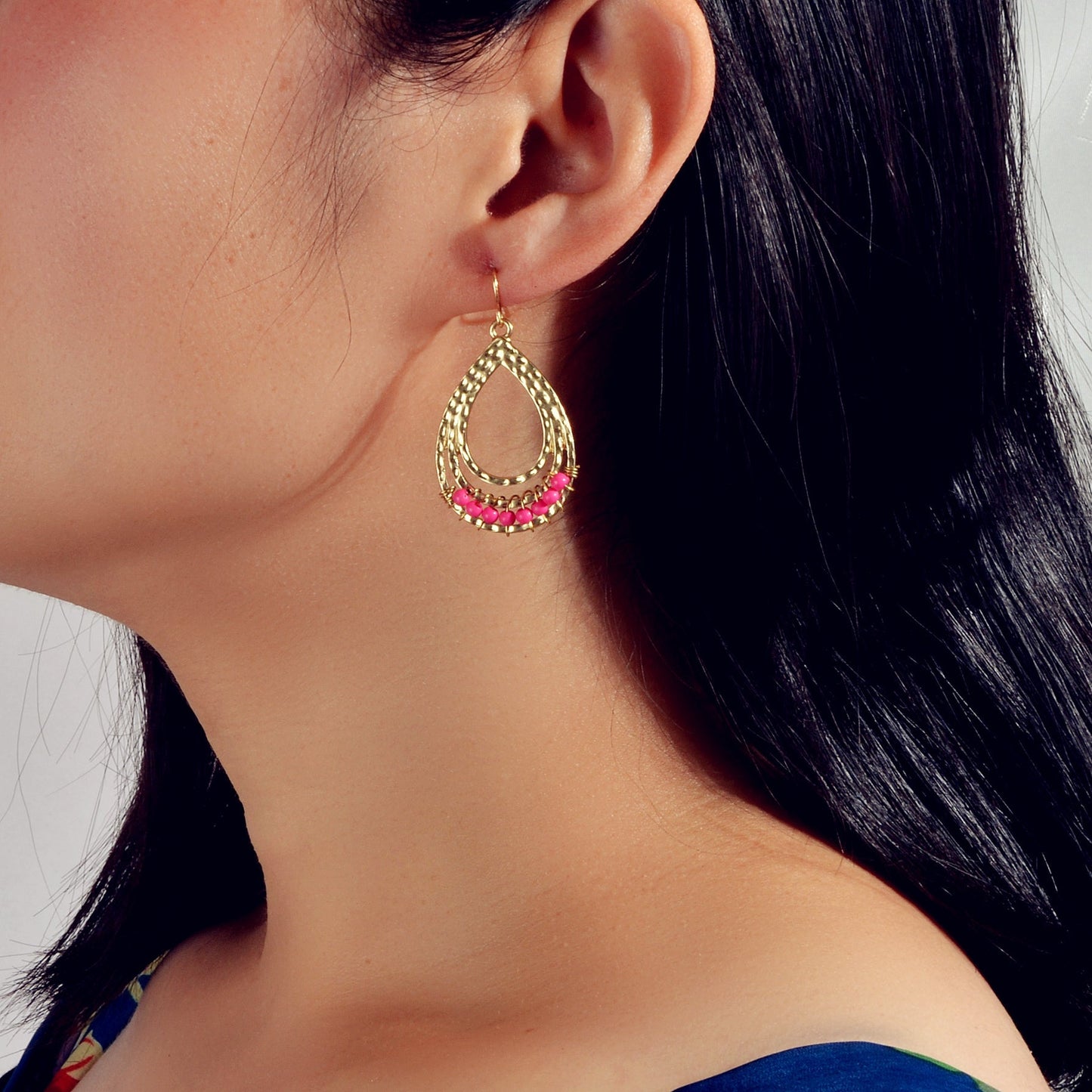 Ethnic Hotpink Beads Handmade Hollow Water Drop Bohemian Traditional Earrings Feelontop Jewellery