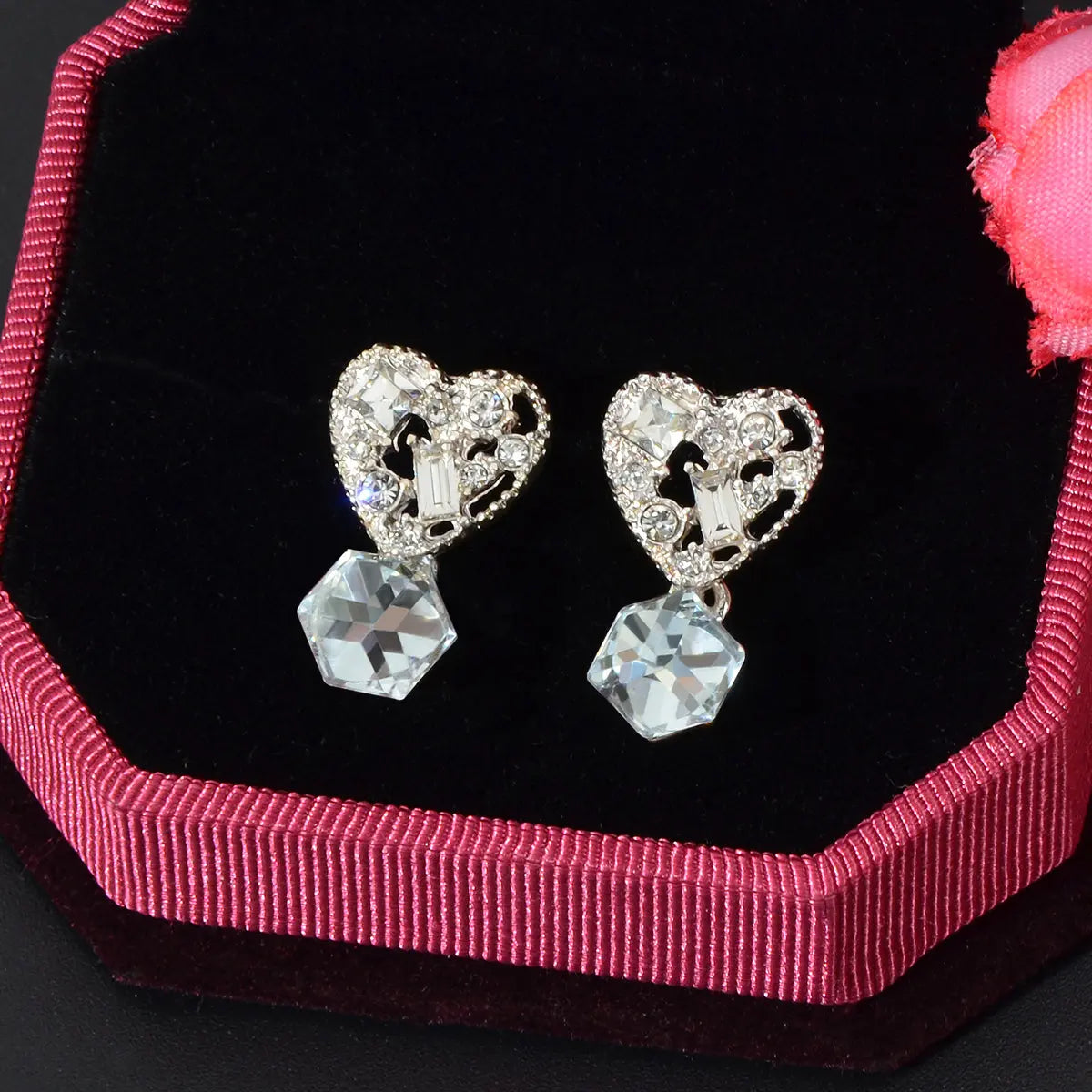 Sweet Textured Shining Crystal Decor Pink Heart Drop Earrings Women Girls Gifts Feelontop Jewellery