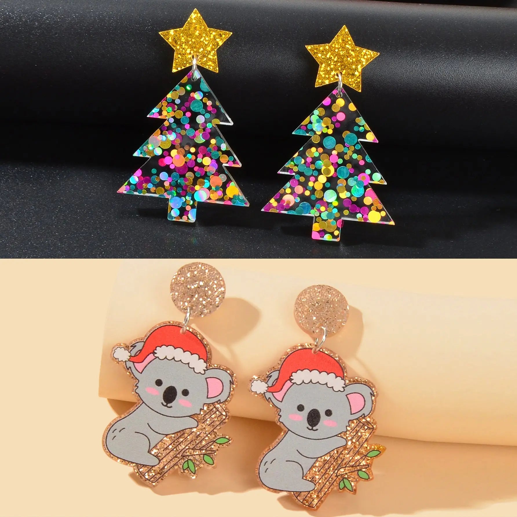 2 pairs Christmas Festival Jewelry Sequin Decor Acrylic Tree Koala Earrings set Feelontop Jewellery