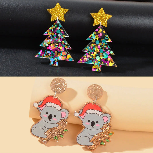 2 pairs Christmas Festival Jewelry Sequin Decor Acrylic Tree Koala Earrings set Feelontop Jewellery