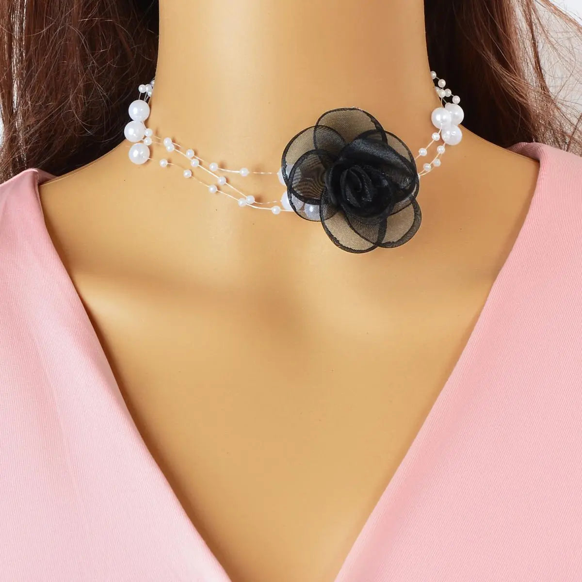 Romantic Jewellery Multi-layer Pearl Chain White Flower Choker Floral Necklace Feelontop Jewellery