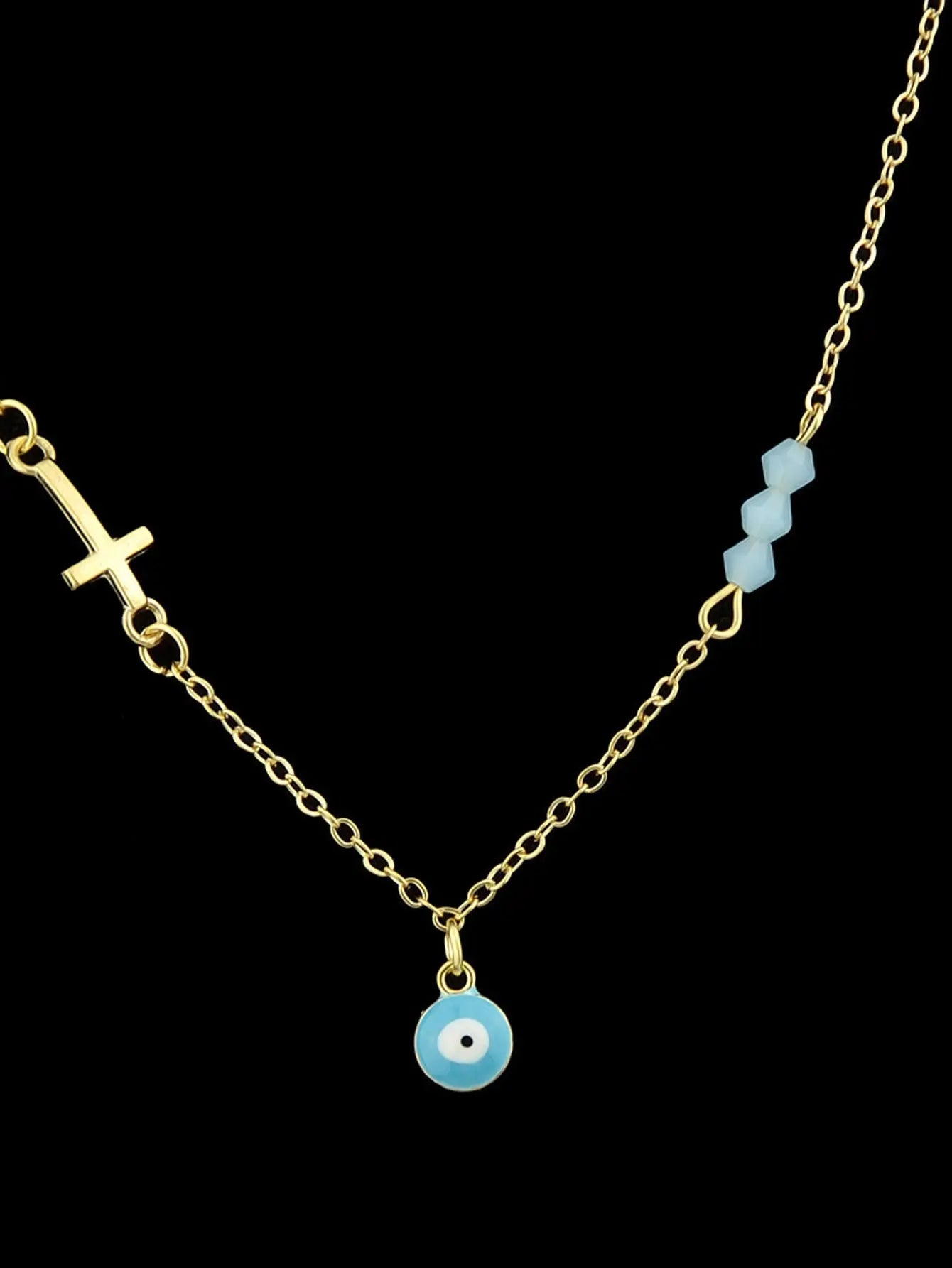 Boho Chic Chain Blue Beads Cross Round Eye Charm Necklace Girls Ethnic Jewellery Feelontop Jewellery