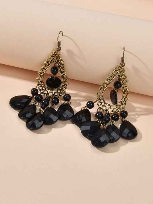 Bohemian Retro Jewellery Black Water Drop Beads Antique Gold Chandelier Earrings Feelontop Jewellery