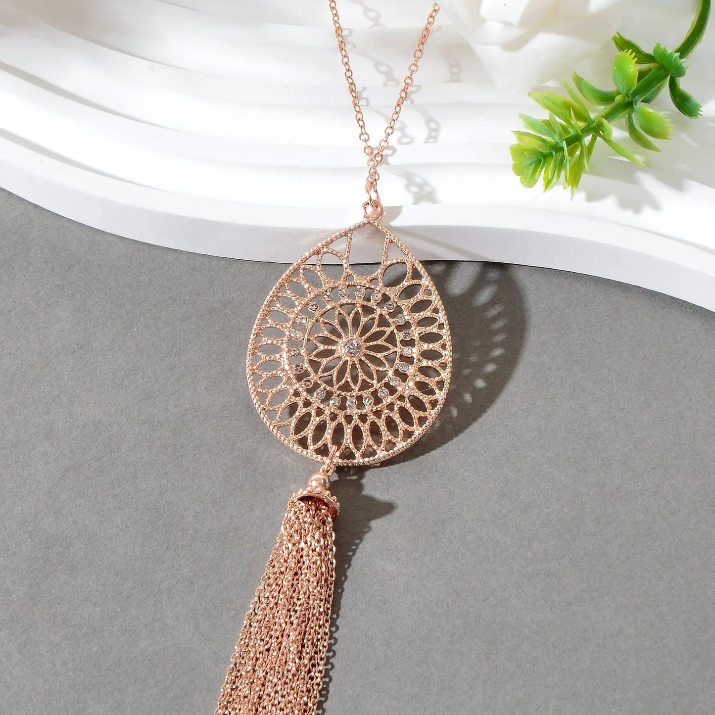 Fashion Rhinestone Decor Carved Hollow Flower with Chain Tassel Long Necklace Feelontop Jewellery