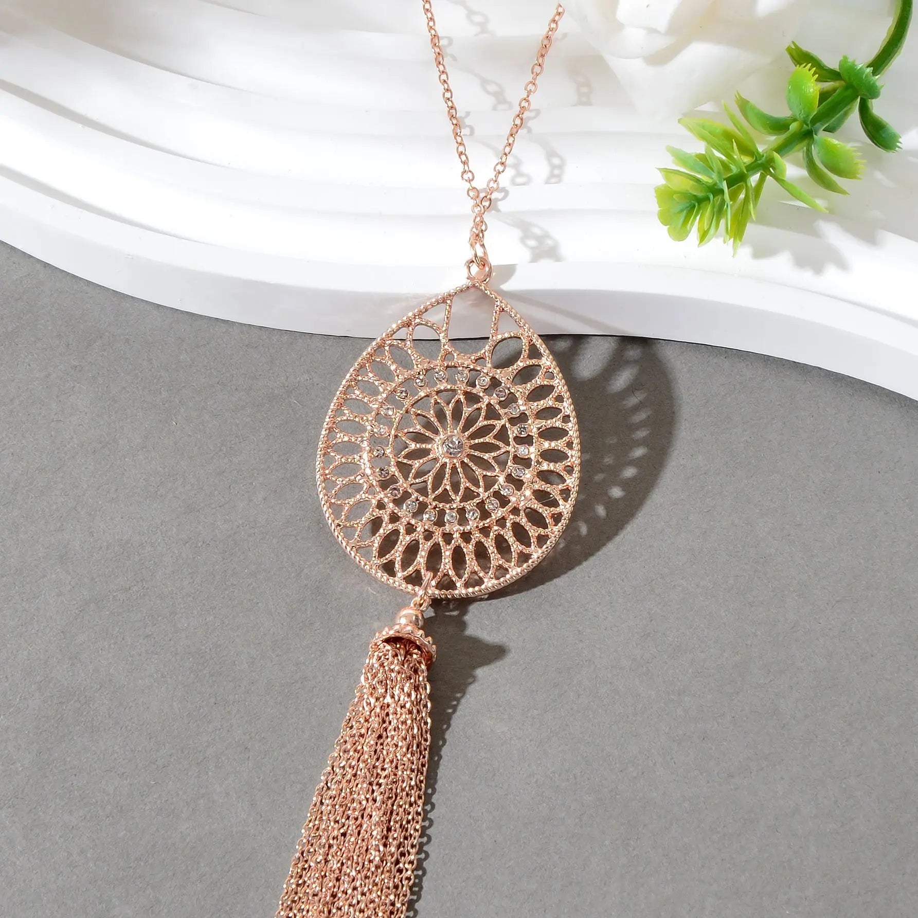 Fashion Rhinestone Decor Carved Hollow Flower with Chain Tassel Long Necklace Feelontop Jewellery