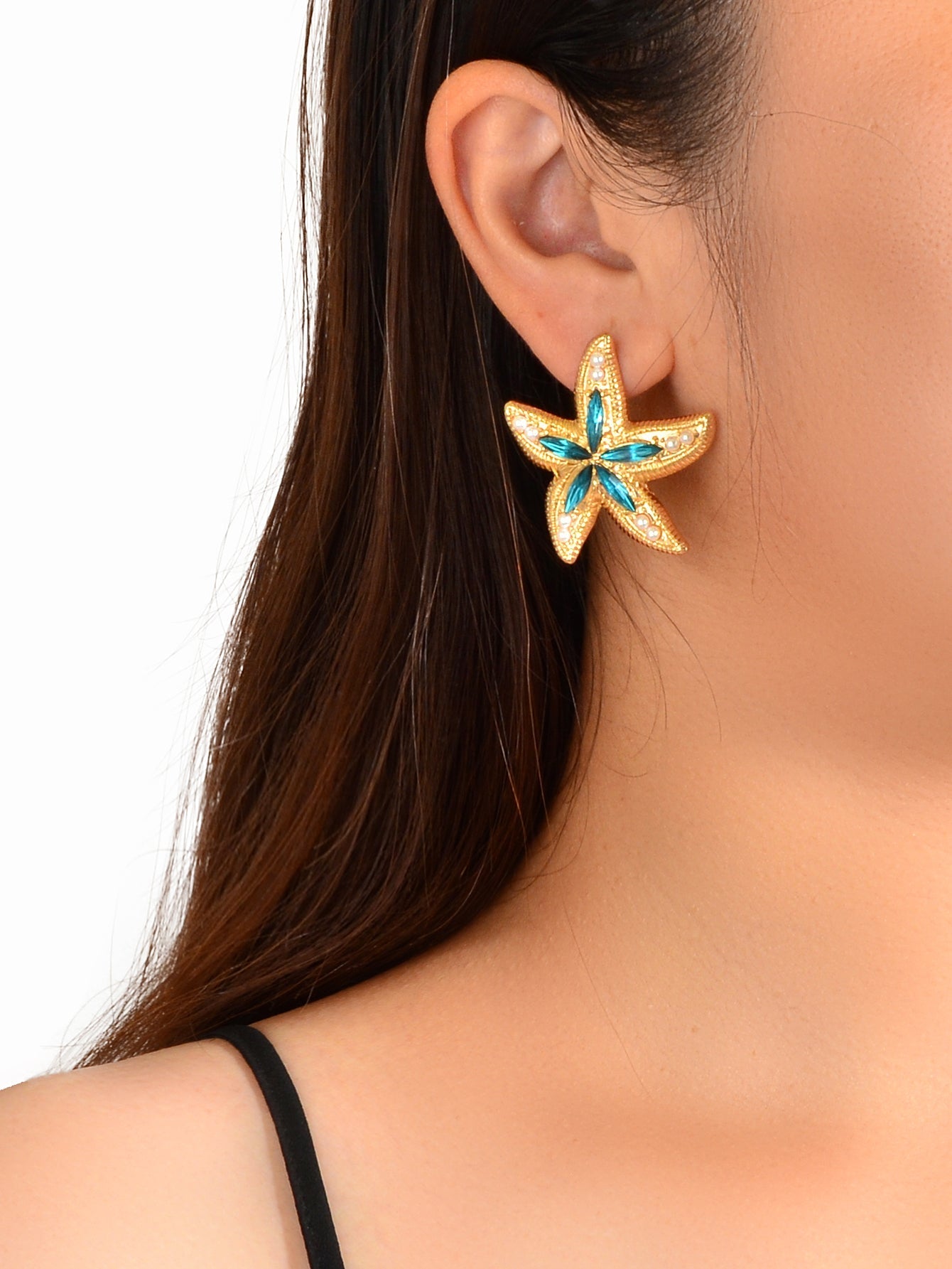 Classic Blue Gemstone Pearl Decor Sea Starfish Stud Girls New Lovely Earrings Feelontop Jewellery