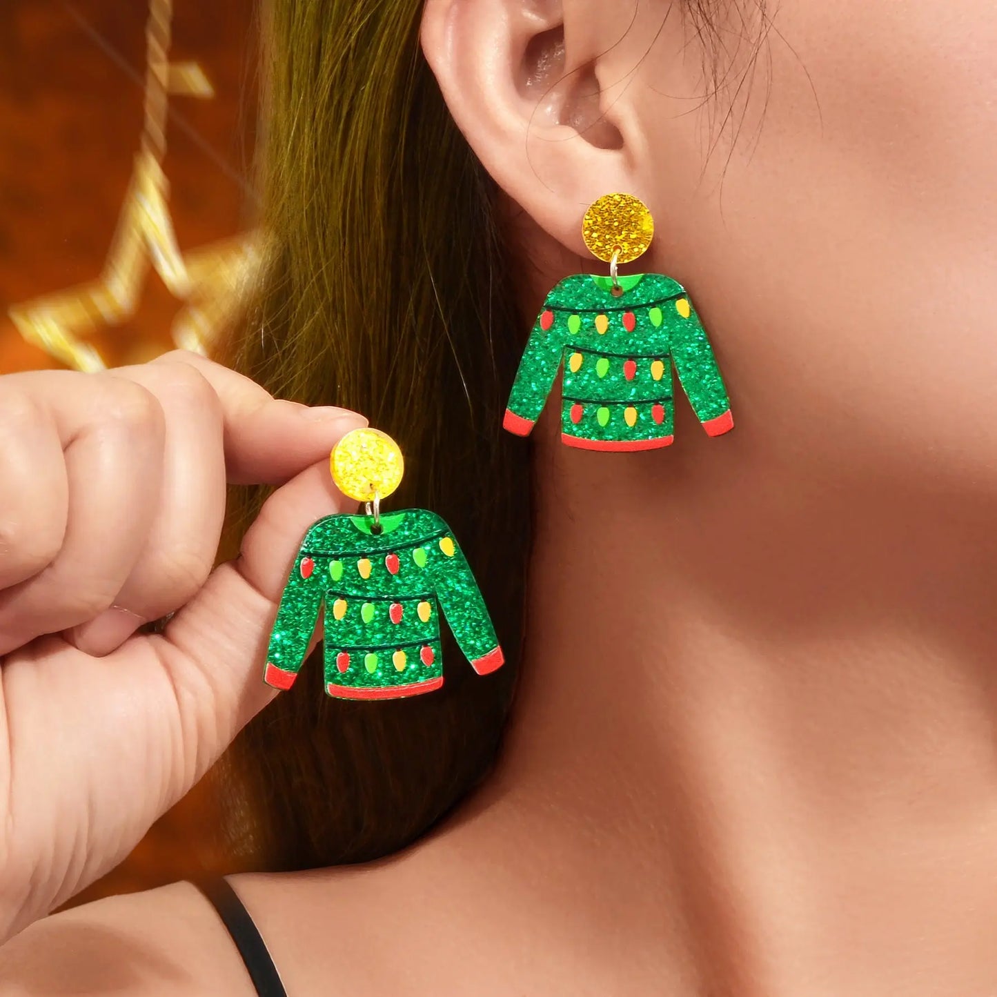 Christmas Festival Jewelry Colored Lights Decor Green Clothes Acrylic Earrings Feelontop Jewellery