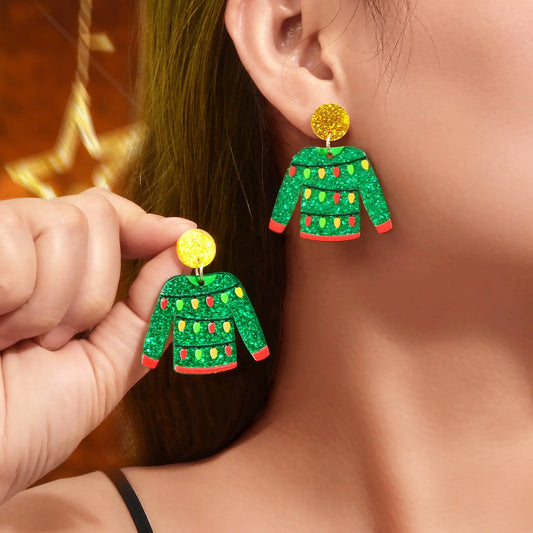 Christmas Festival Jewelry Colored Lights Decor Green Clothes Acrylic Earrings Feelontop Jewellery