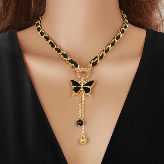 1pc Designer Stylish Butterfly Charm and Ball Pendant Tassel Braided Long Necklace Women Party Daily Jewelry Feelontop Jewellery