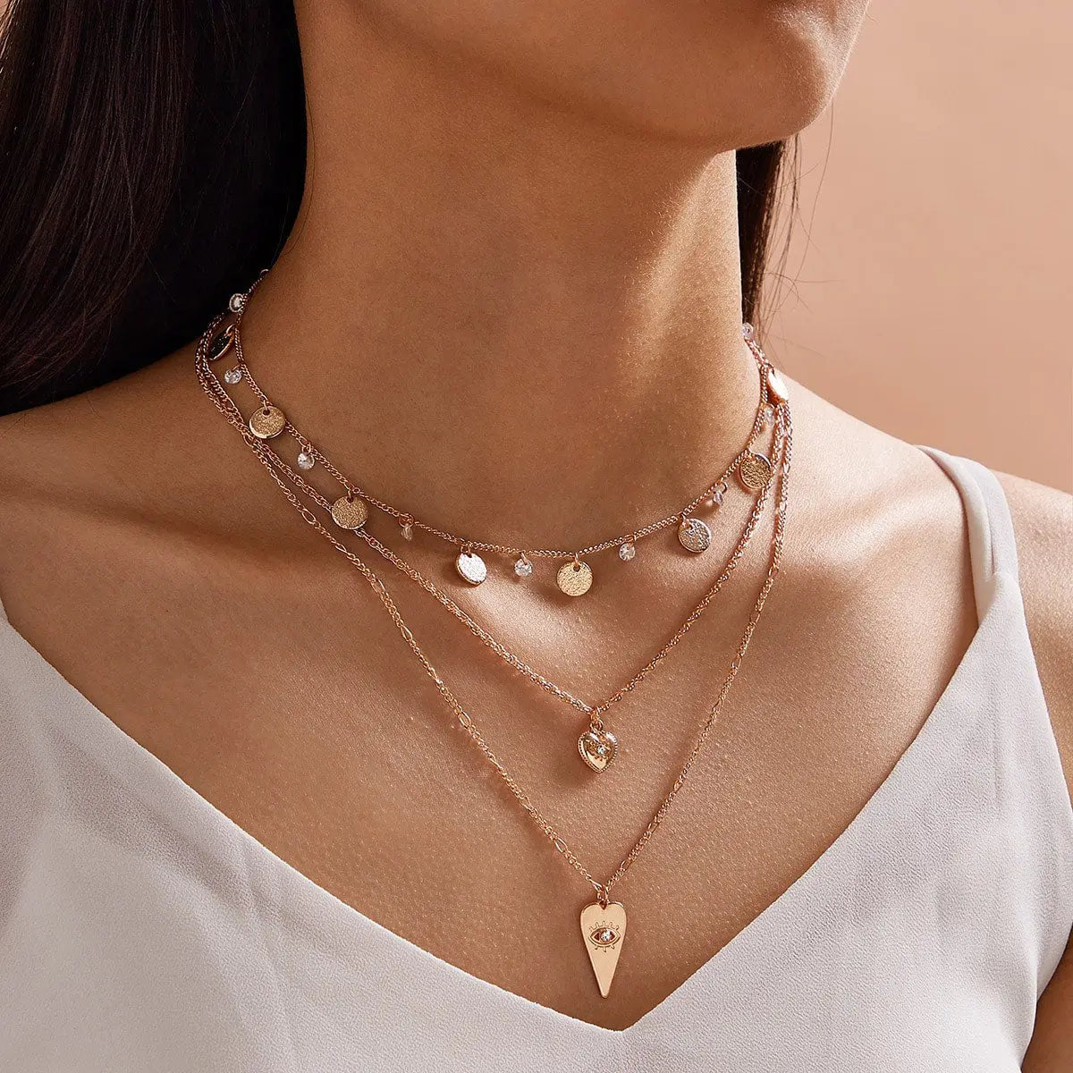 Stylish Triple-Layered Round Disc Heart Pendant Necklace Girls Unique Jewellery Feelontop Jewellery