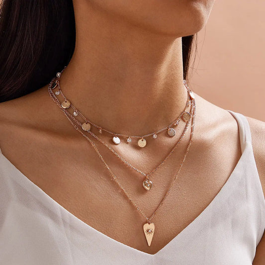 Stylish Triple-Layered Round Disc Heart Pendant Necklace Girls Unique Jewellery Feelontop Jewellery