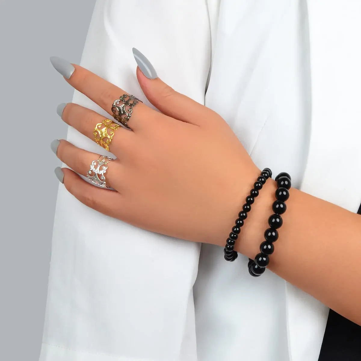 Double Layer Black Bead Bracelet with 3 Vintage Rings Set - Retro Chic Ensemble Feelontop Jewellery