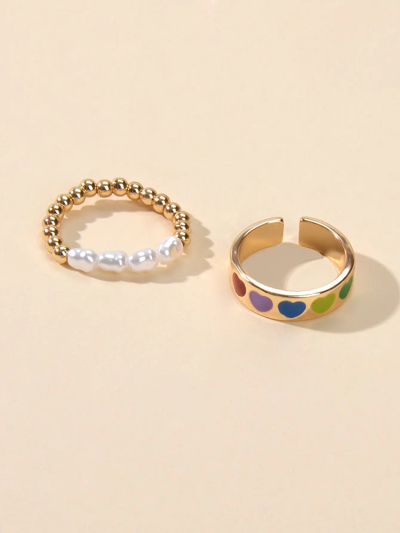 2 pcs Pearl Decor Elastic Ring Colorful Love Heart Enamel Finger Rings Jewellery Feelontop Jewellery