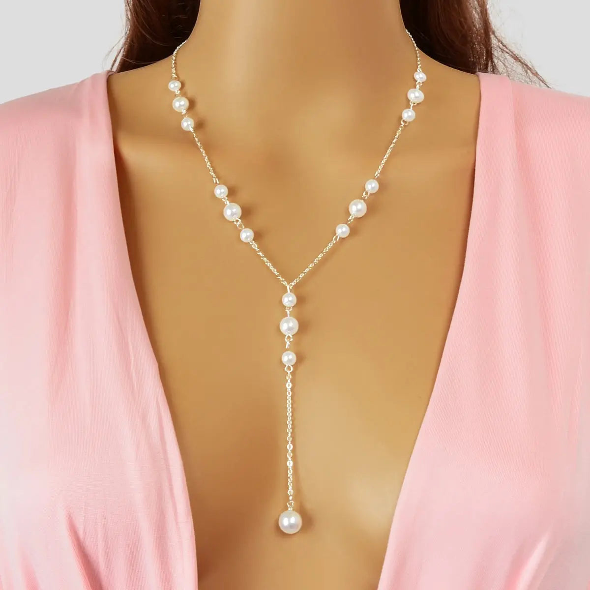 Pearl Decoration Long Gold Chain Y Shape Pendant Clavicle Necklace Teens Collar Feelontop Jewellery