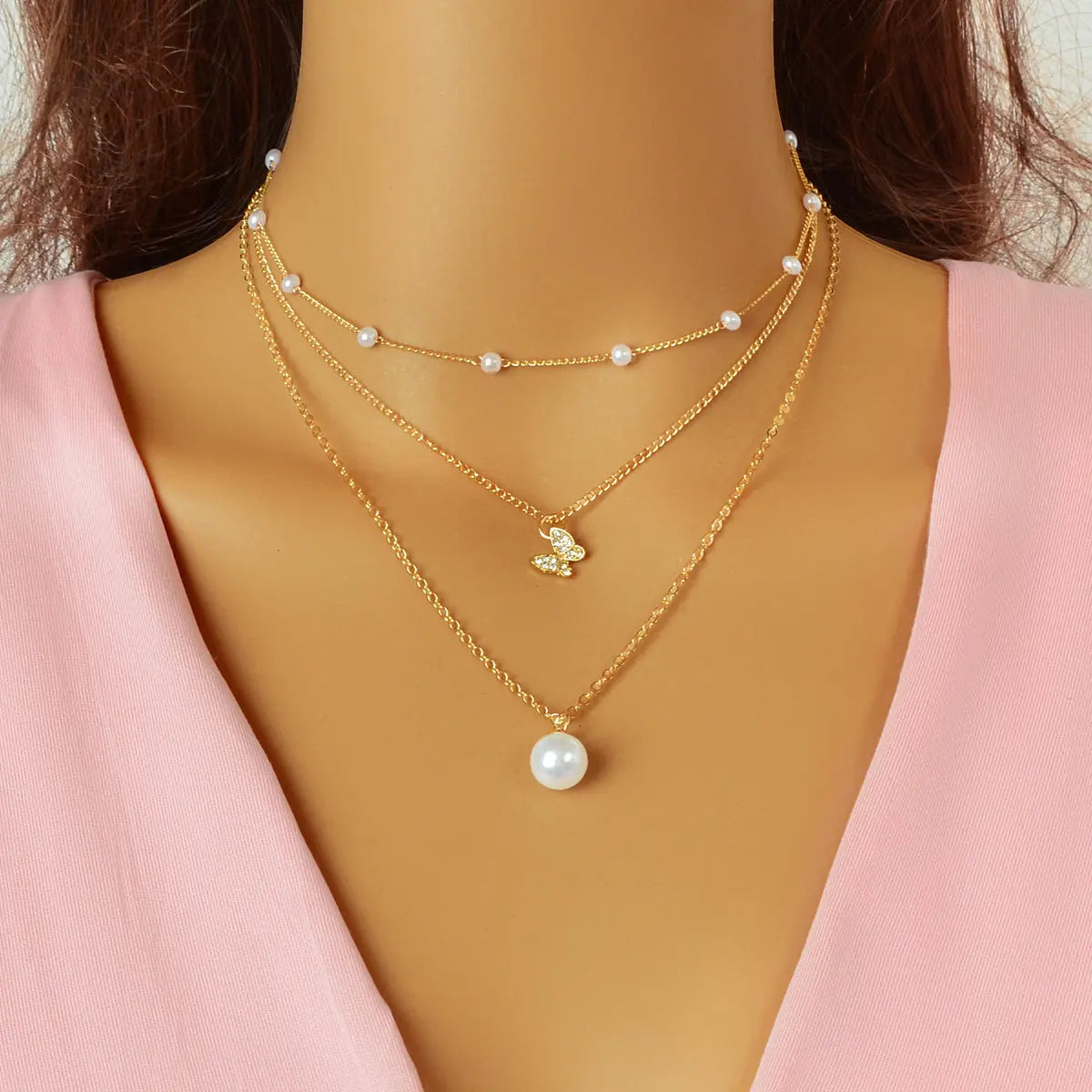 3 pcs Exquisite Pearl Rhinestone Gold Chain Layered Butterfly Pendant Necklace Feelontop Jewellery