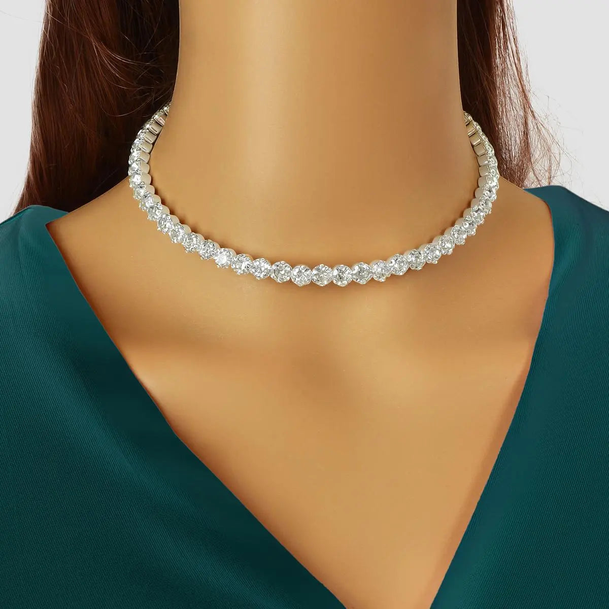Silver Short Necklace Full Diamond Embellishment Choker Feelontop Jewellery