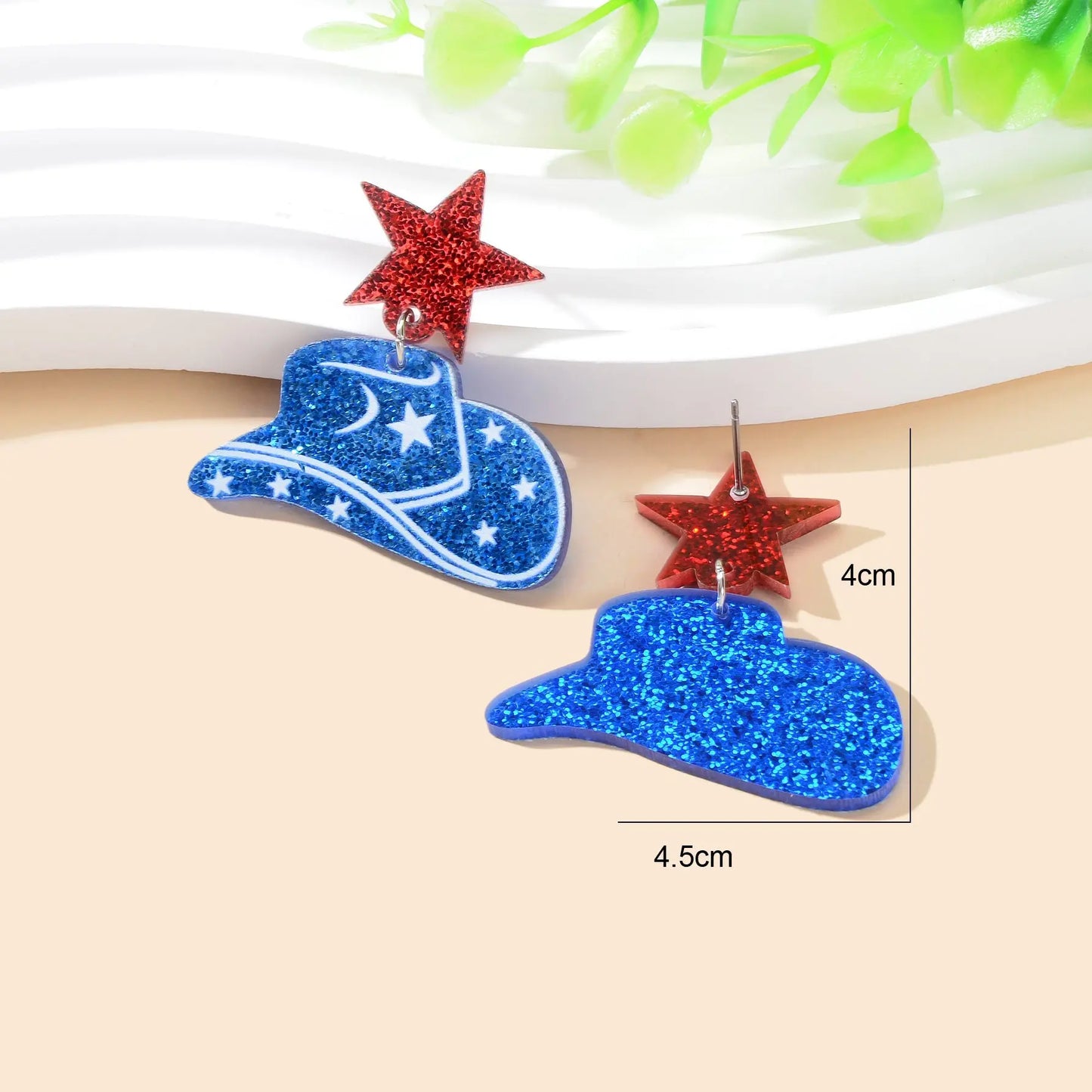 Designer Stylish Sequins Red Star Blue Cowboy Hat Acrylic Earrings Party Jewellery Feelontop Jewellery