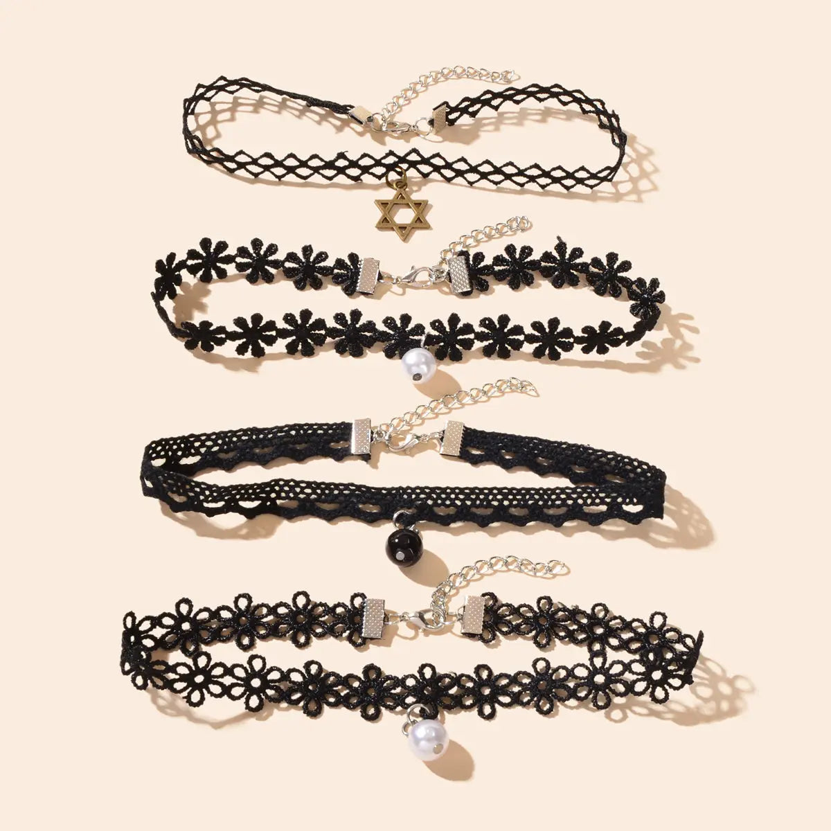 4 pcs Retro Star Beaded Charm Flower Geometric Tattoo Choker Black Lace Necklace Feelontop Jewellery