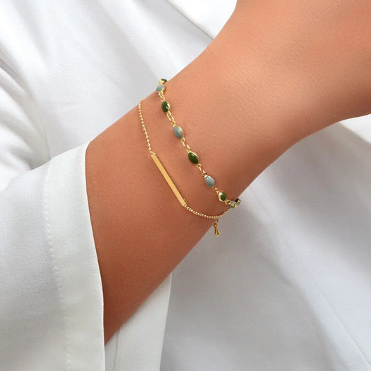 Stylish Colorful Oval Pendant Double-Layer Chain Bracelet Feelontop Jewellery