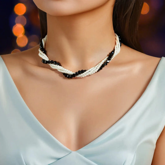 Elegant Black White Beaded Winding Layered Chain Collar Necklace Jewellery Feelontop Jewellery