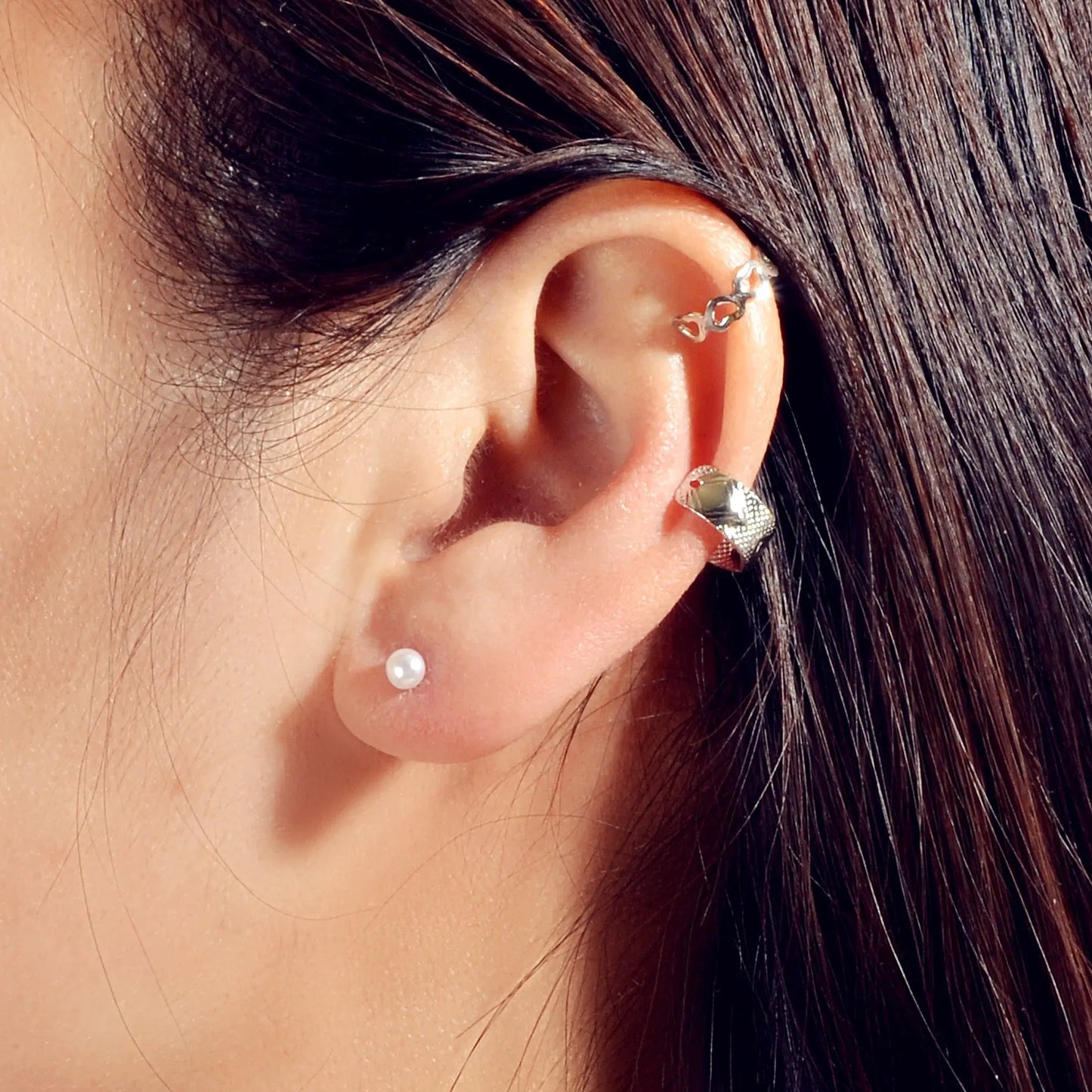 3 pcs Imitation Pearl Stud Gold Silver Hollow out Heart Ear Cuff Cartilage Earrings set Feelontop Jewellery