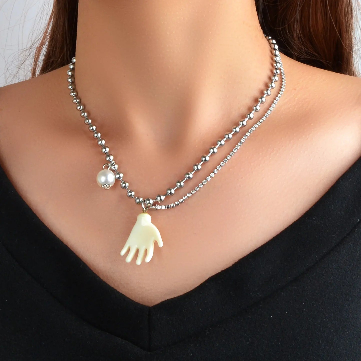 Punk Hip Hop Popcorn Rhinestone Double layer Chain Pearl Hand Pendant Necklace Feelontop Jewellery