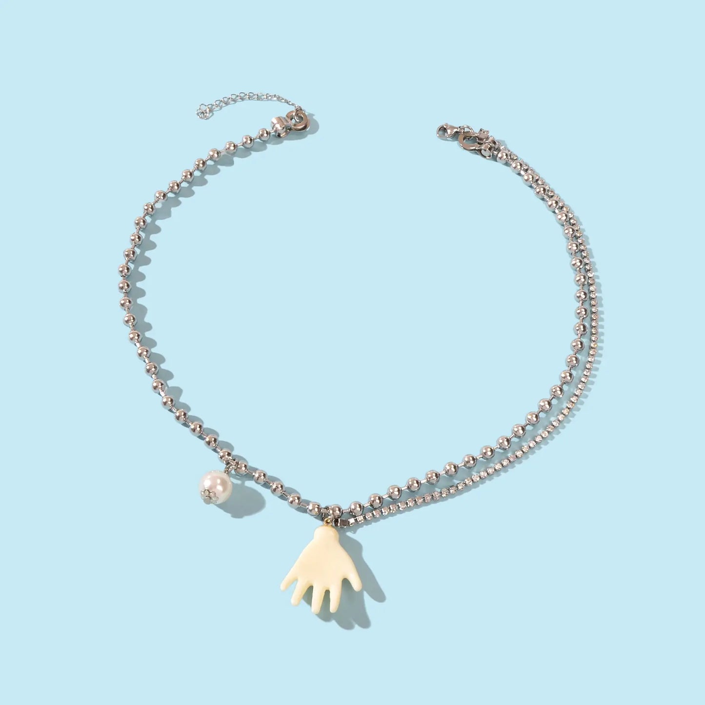 Punk Hip Hop Popcorn Rhinestone Double layer Chain Pearl Hand Pendant Necklace Feelontop Jewellery