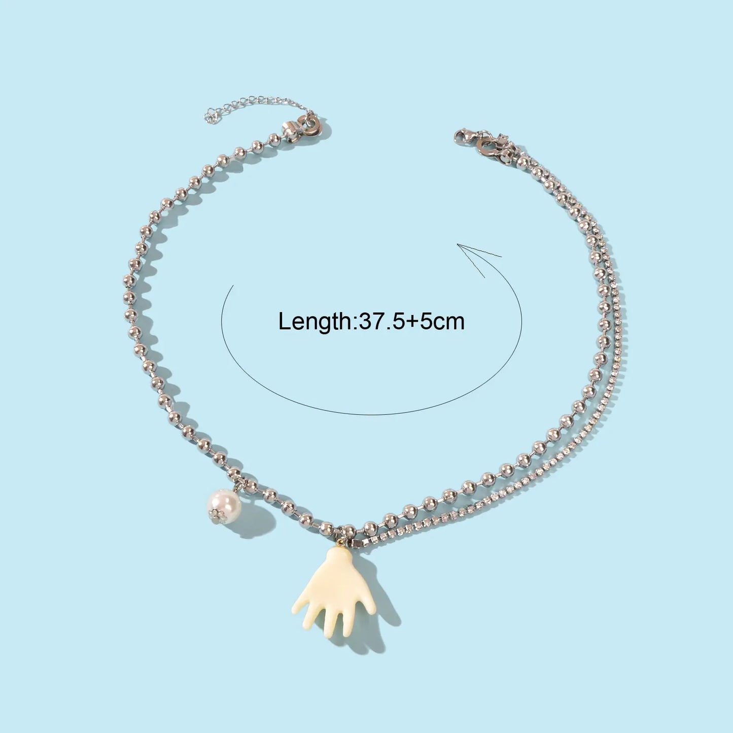 Punk Hip Hop Popcorn Rhinestone Double layer Chain Pearl Hand Pendant Necklace Feelontop Jewellery
