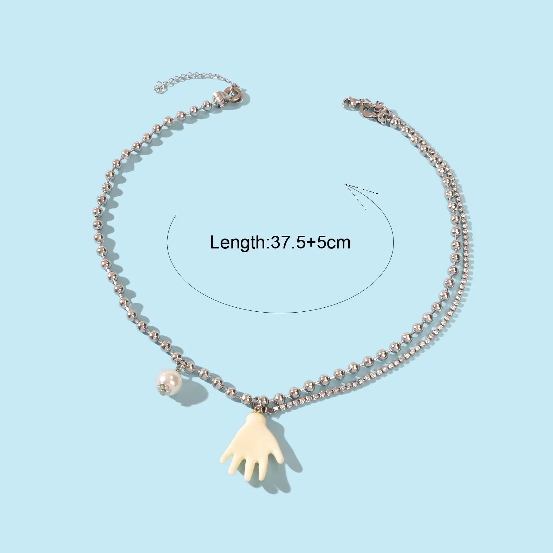 Punk Hip Hop Popcorn Rhinestone Double layer Chain Pearl Hand Pendant Necklace Feelontop Jewellery